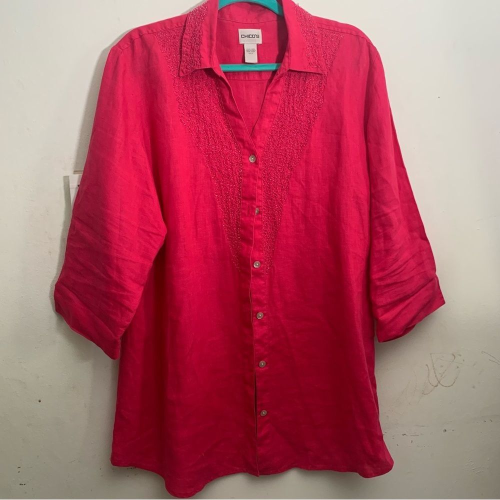 Chicos women’s size 3 plus size pink buttoned up linen 3/4 length sleeve sequins